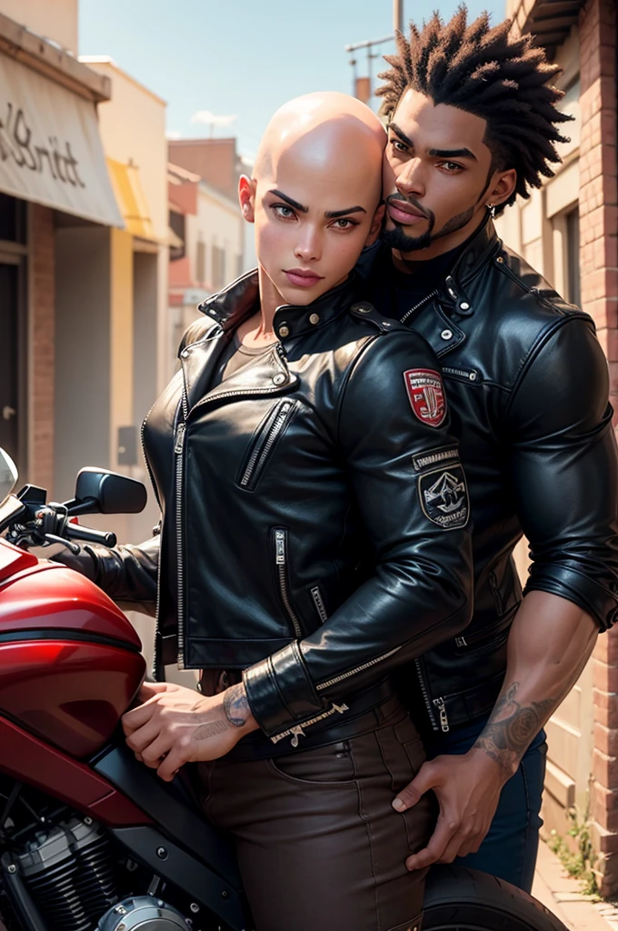 A muscular and sensual young wild and rebellious afro black werewolf, with bright red eyes, all bald and with a goatee wearing a leather biker jacket, stopped, with a big old giant classic super bike, through a small town in the interior of the country at night with a young beautiful blonde woman in sensual uniform standing next to him very well armed with a mischievous smile being tightly hugged  by him with the motorcycle in the background