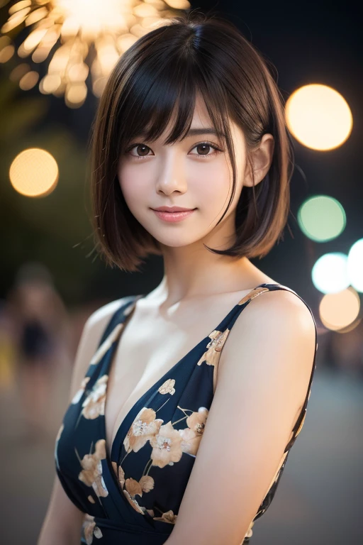 girl, White skin, Short dark brown tiered hair, V cut with layers and bangs, Brown eyes, Soft atmosphere characteristics (Highest quality, Ultra-high resolution, 8K, RAW Photos, Ultra-high resolution: 1.2, masterpiece: 1.2), (Realistic, Realistic: 1.37), Super detailed, Professional Lighting, Photon Mapping, Radio City, Physically Based Rendering, Japanese, 2People Girl, 2By people, Black Hair, cute, Nice, Adorable, A light smile, Normal chest,yukata,Fireworks display