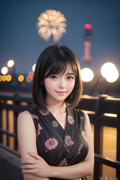 girl, White skin, Short dark brown tiered hair, V cut with layers and bangs, Brown eyes, Soft atmosphere characteristics (Highest quality, Ultra-high resolution, 8K, RAW Photos, Ultra-high resolution: 1.2, masterpiece: 1.2), (Realistic, Realistic: 1.37), Super detailed, Professional Lighting, Photon Mapping, Radio City, Physically Based Rendering, Japanese, 2People Girl, 2By people, Black Hair, cute, Nice, Adorable, A light smile, Normal chest,yukata,Fireworks display