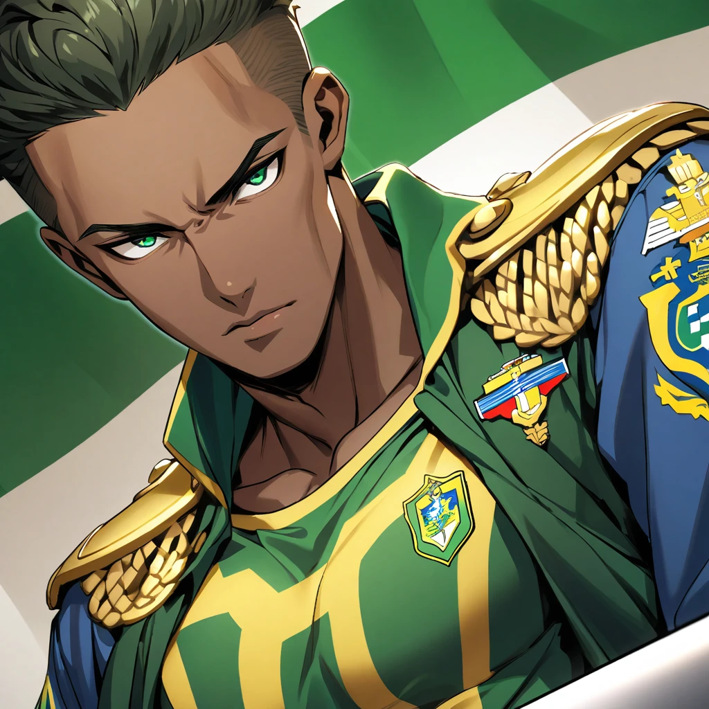 Black man with golden hair, dark green eyes, green and blue uniform and also dark blue. In the middle of the chest, the Brazilian emblem.
