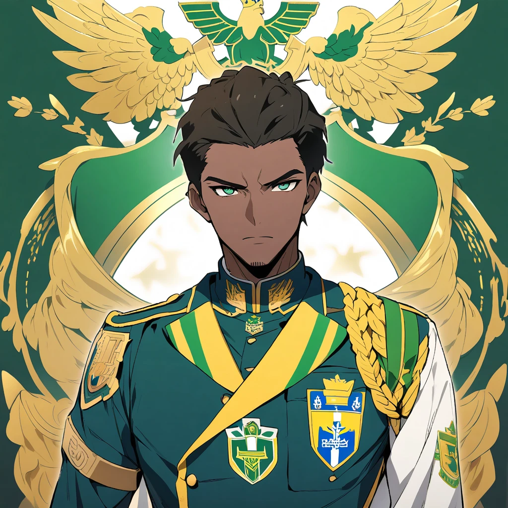 Black man with golden hair, dark green eyes, green and blue uniform and also dark blue. In the middle of the chest, the Brazilian emblem.