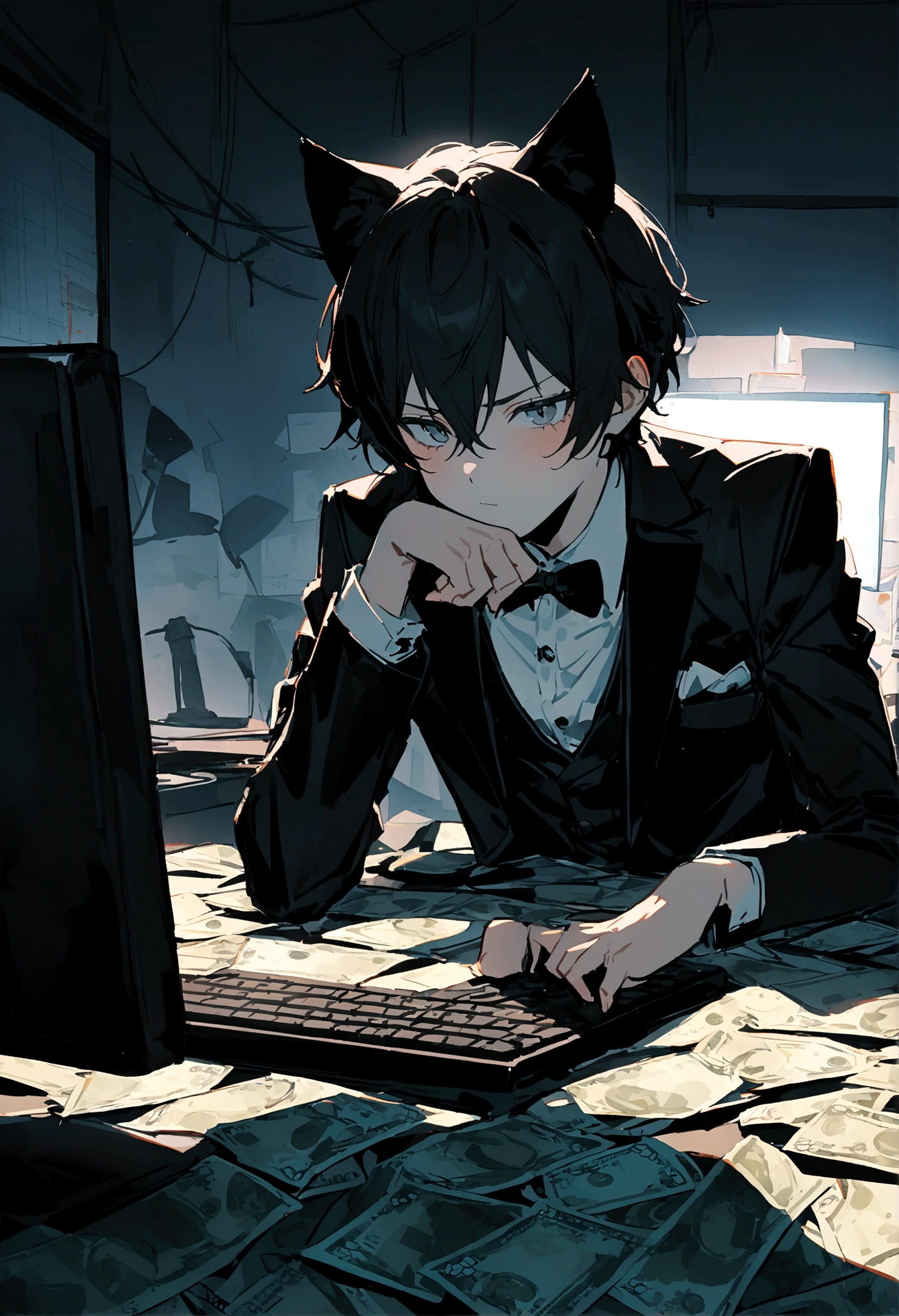 One neko boy with neko ears, 22 years old, wearing black tuxedo, sitting in front of a pc, trading charts running on pc, money scattered on table, dim light, attitude, 8K, masterpiece, High res