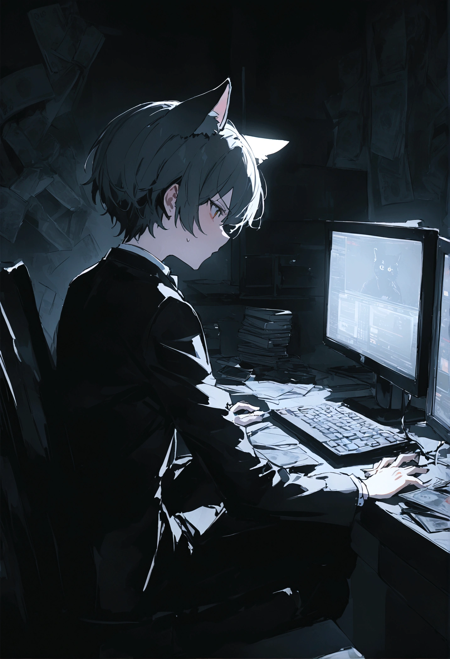 One neko boy with neko ears, 22 years old, wearing black tuxedo, sitting in front of a pc, trading charts running on pc, money scattered on table, dim light, attitude, 8K, masterpiece, High res