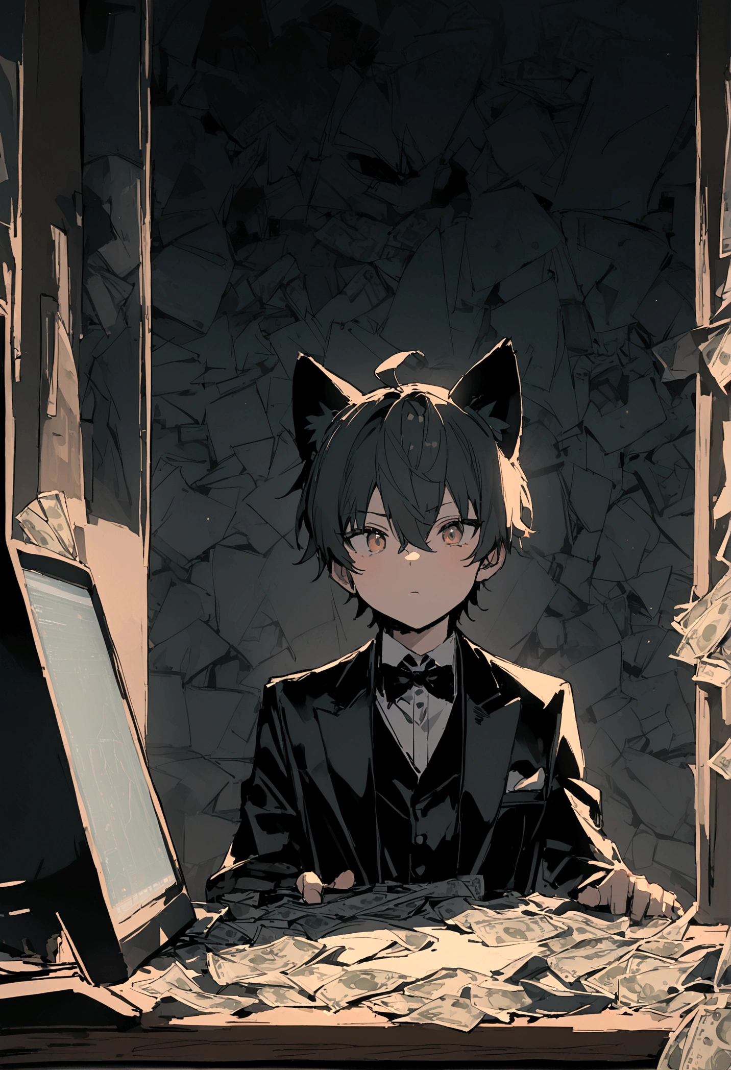 One neko boy with neko ears, 22 years old, wearing black tuxedo, sitting in front of a pc, trading charts running on pc, money scattered on table, dim light, attitude, 8K, masterpiece, High res