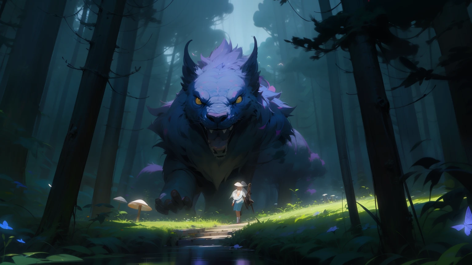 ((best quality)), ((masterpiece)), studio ghibli style, pastel colors, bloomy, thick fantasy forest, big mushrooms, wide view shot, depth of field, fireflies, butterflies, lake, lush greenery, flower field, billowy puffy clouds, dramatic, cinematic, dramatic lighting, godrays, foggy background, warm color foreground, cool color background, straight on view, imposing tree, dangerous animal, painterly, brushstrokes