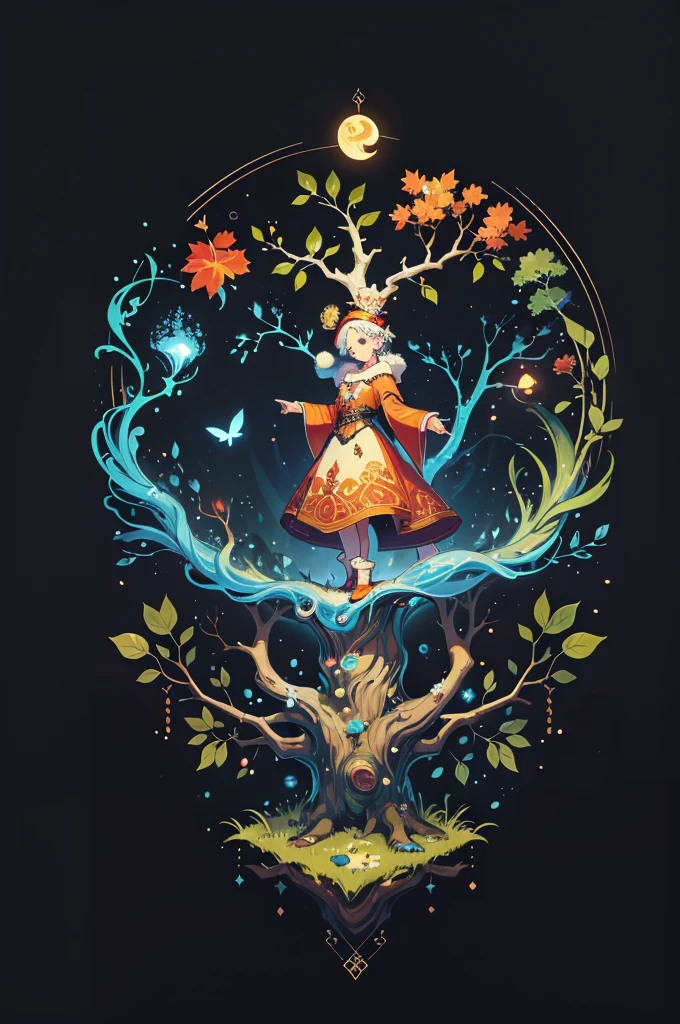 circular tree,four seasons,spring,summer,autumn,winter,leaves,roots,branches,trunk,ornate border,decorative,digital illustration,artwork,movement,time,swirling background,dark background,vibrant colors,natural,life cycle,growth,change,nature,life,peace,harmony,spirituality,symbolism,digital art,illustration,painting,graphic design,art,design,digital media,online art,visual art,fine art,fantasy