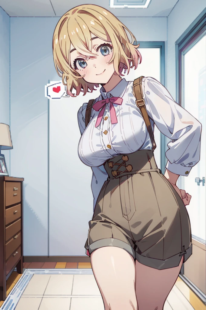 beautiful tall woman, beautiful face, from center, from below, pov, medium bob cut blonde hair, light blue eyes, two points glasses, medium breasts, blue denim jacket, white dress shirt, white long pleats skirt, She's catching us with both arms, outstretched both arms, cowgirl position, lustful smiling with breath, my room, pastel 2d art, matte painting, anime, masterpiece 