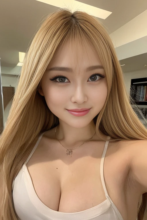 ((Highest quality、8K、masterpiece:1.3))、Dramatic lighting、Beautiful woman、With a girl、small:1.3、(Toned Abs、Slim figure:1.1)、Well deep、に精巧なrefer to、refer to5Book、Ultra detailed face、Detailed lips、Detailed eyes、double eyelid、Private room、night、Small breasts、Neat stenosis、Cleavage、Beautiful woman、、Gal、Heavy makeup、Blonde Straight Hair、Bright smile、Bright expression、topless、Skinny jeans