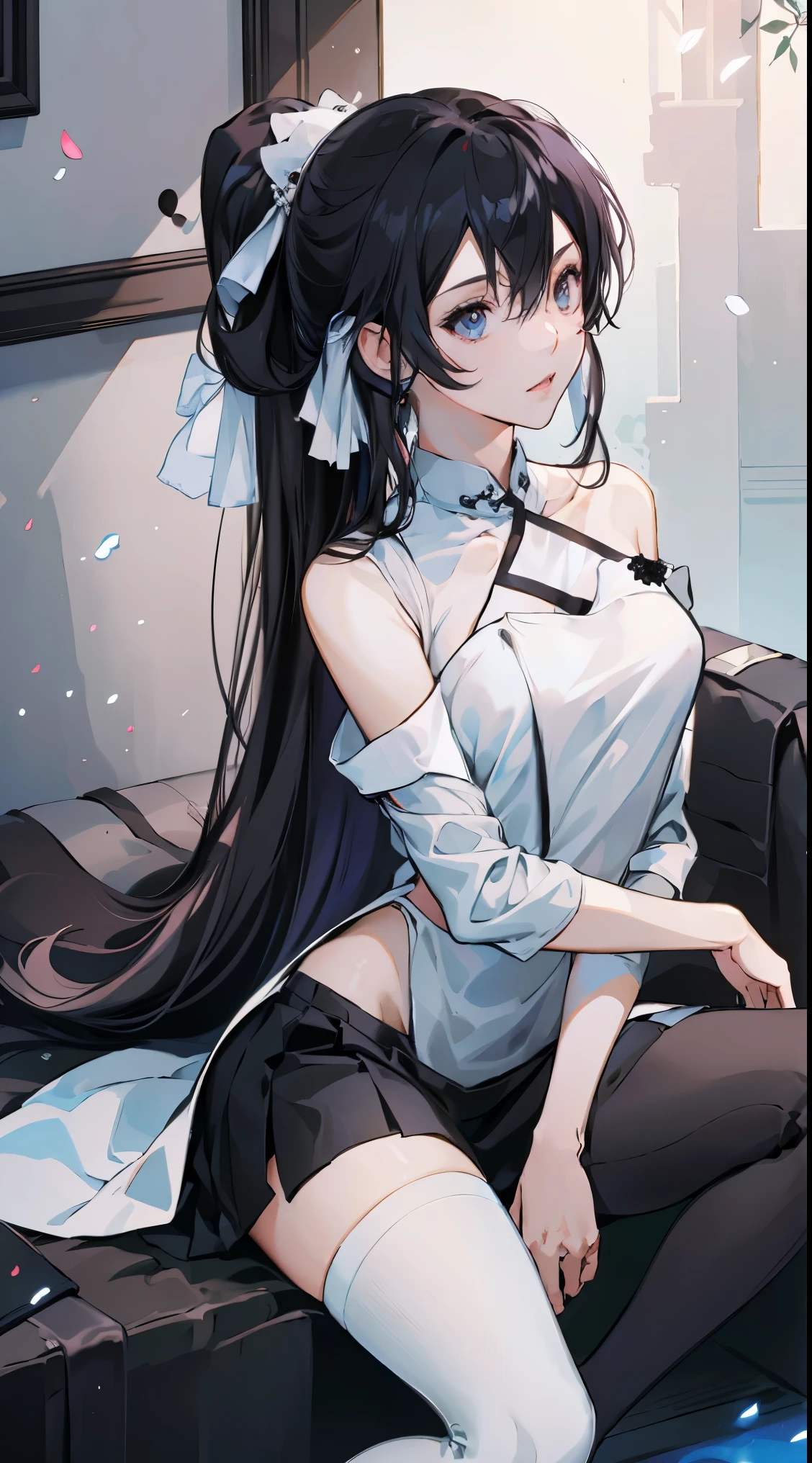 1 girl! Ray Tracing, Best shadow, high resolution (Dim Lights) Detailed background (living room) ，Long black hair, Busty girl, high ponytail in the ominous living room avoiding golden eyes (girl in white shirt, Black hip skirt, With black transparent pantyhose), Show your slim figure and beautiful curves, Location is correct，Physical Reasonability! Put your hands behind your head, Stand solemnly, Facial details! Exquisite facial features, Pay attention to the details of the leg position! Pay attention to the details of the hands! high quality! More eligible! Reduce Errors! More beautiful paintings, Ultra-fine CG, And the picture is more reasonable! Pay attention to finger details! 8k wallpaper, masterpiece, Eye details! Reduce binocular disparity! Number of fingers!，Female Kirito，Occupation OL，Red high heels，OL outfit