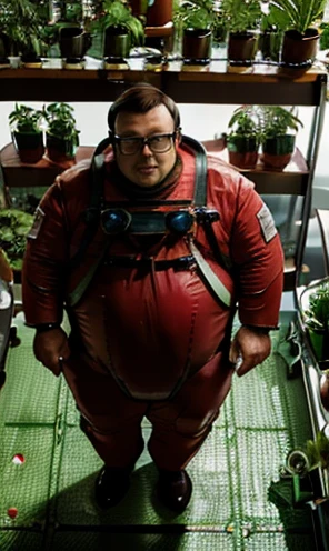 Photography View from above, dynamic photography, He is wearing prescription glasses with clear red lenses,(((He is very chubby and is in the laboratory doing research with plants and vegetables with other Astronauts))), Inside the spacecraft. Walking in the laboratory, full body photo full body photo.