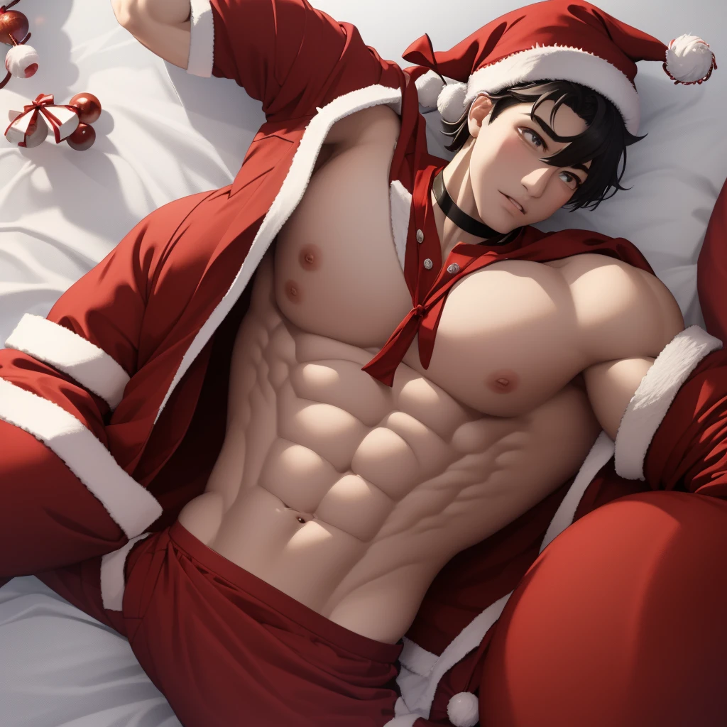 a man in a santa hat laying on a bed, santa, by Pu Hua, by Lü Ji, masculine muscular figure, christmas, muscular masculine figure, santa claus, sexy masculine, muscular man, muscular men, korean artist, manhwa, wearing santa hat, festive, muscular male, sitting on santa, masayoshi suto and artgerm, pan ren wei, ful calidad, 4k, ful HD, calidad de cine, calidad alta