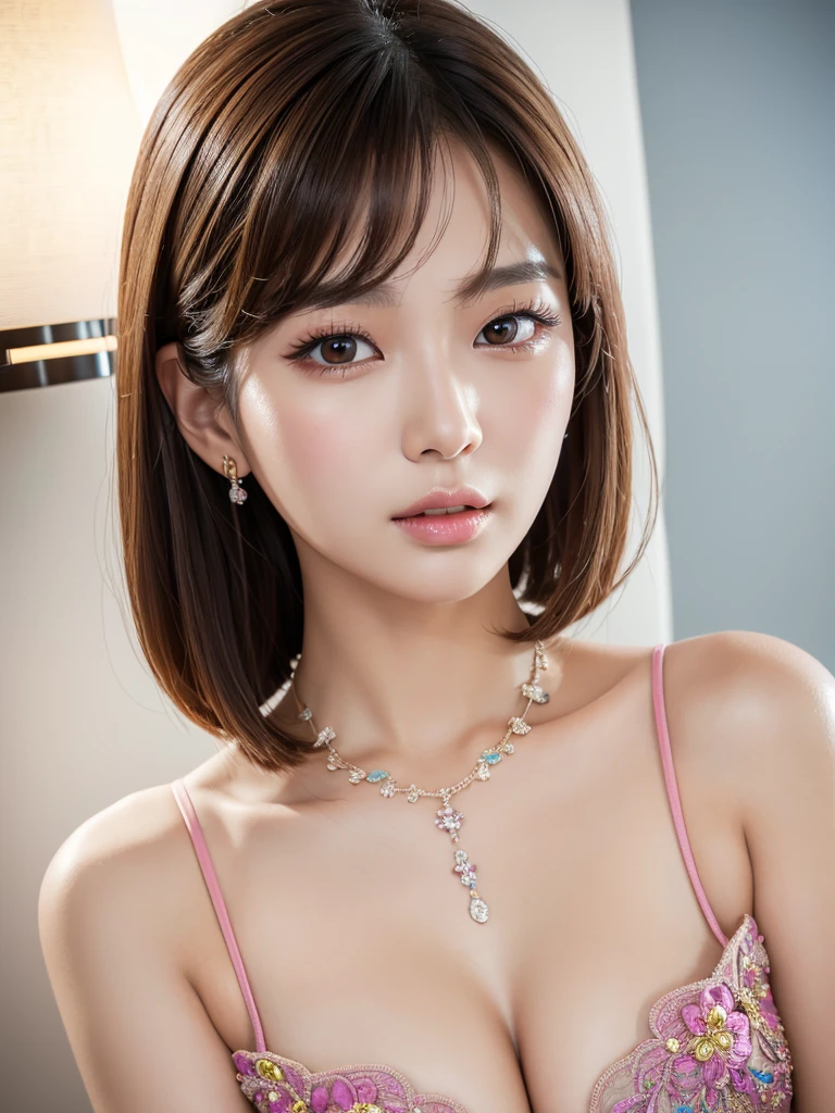 a beautiful young korean idol woman, 1girl, extremely detailed eyes, long eyelashes, beautiful detailed lips, flawless skin, elegant expression, intricate jewelry, detailed clothing, short bob blonde hair, cleavage, small breasts, (best quality,4K,8K,highres,masterpiece:1.2),ultra-detailed,(realistic,photorealistic,photo-realistic:1.37),studio lighting,HDR,vivid colors,professional photography