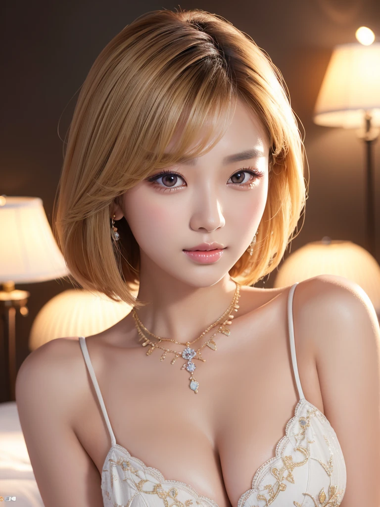 a beautiful young korean idol woman, 1girl, extremely detailed eyes, long eyelashes, beautiful detailed lips, flawless skin, elegant expression, intricate jewelry, detailed clothing, short bob blonde hair,   cleavage, small breasts, (best quality,4K,8K,highres,masterpiece:1.2),ultra-detailed,(realistic,photorealistic,photo-realistic:1.37),studio lighting,HDR,vivid colors,professional photography