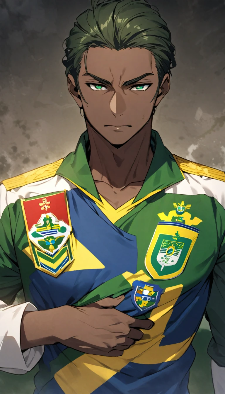 Black man with golden hair, dark green eyes, green and blue uniform and also dark blue. In the middle of the chest, the Brazilian emblem.