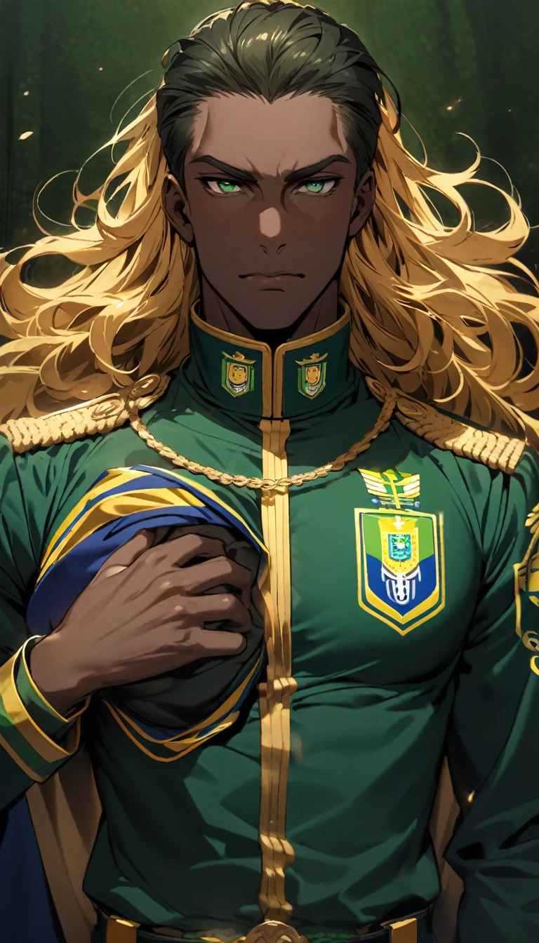Black man with golden hair, dark green eyes, green and blue uniform and also dark blue. In the middle of the chest, the Brazilian emblem.
