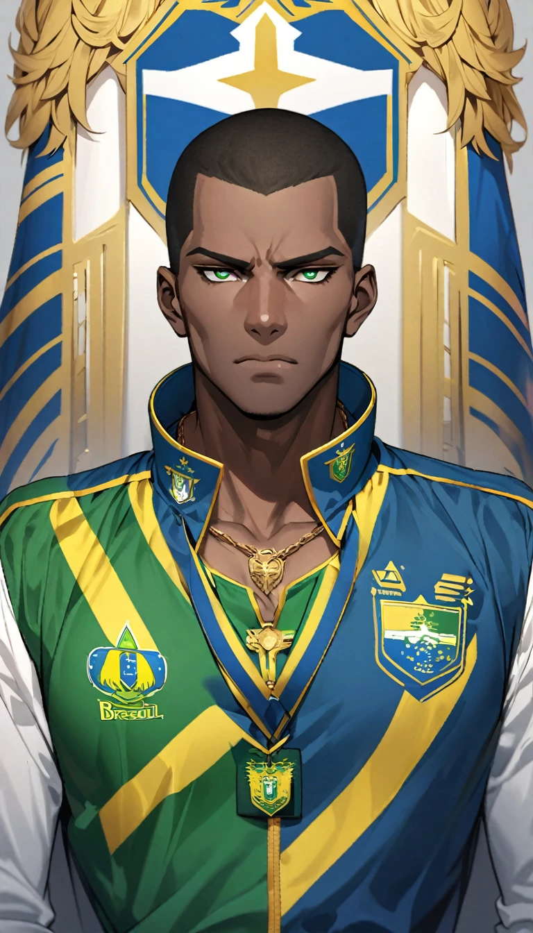 Black man with golden hair, dark green eyes, green and blue uniform and also dark blue. In the middle of the chest, the Brazilian emblem.