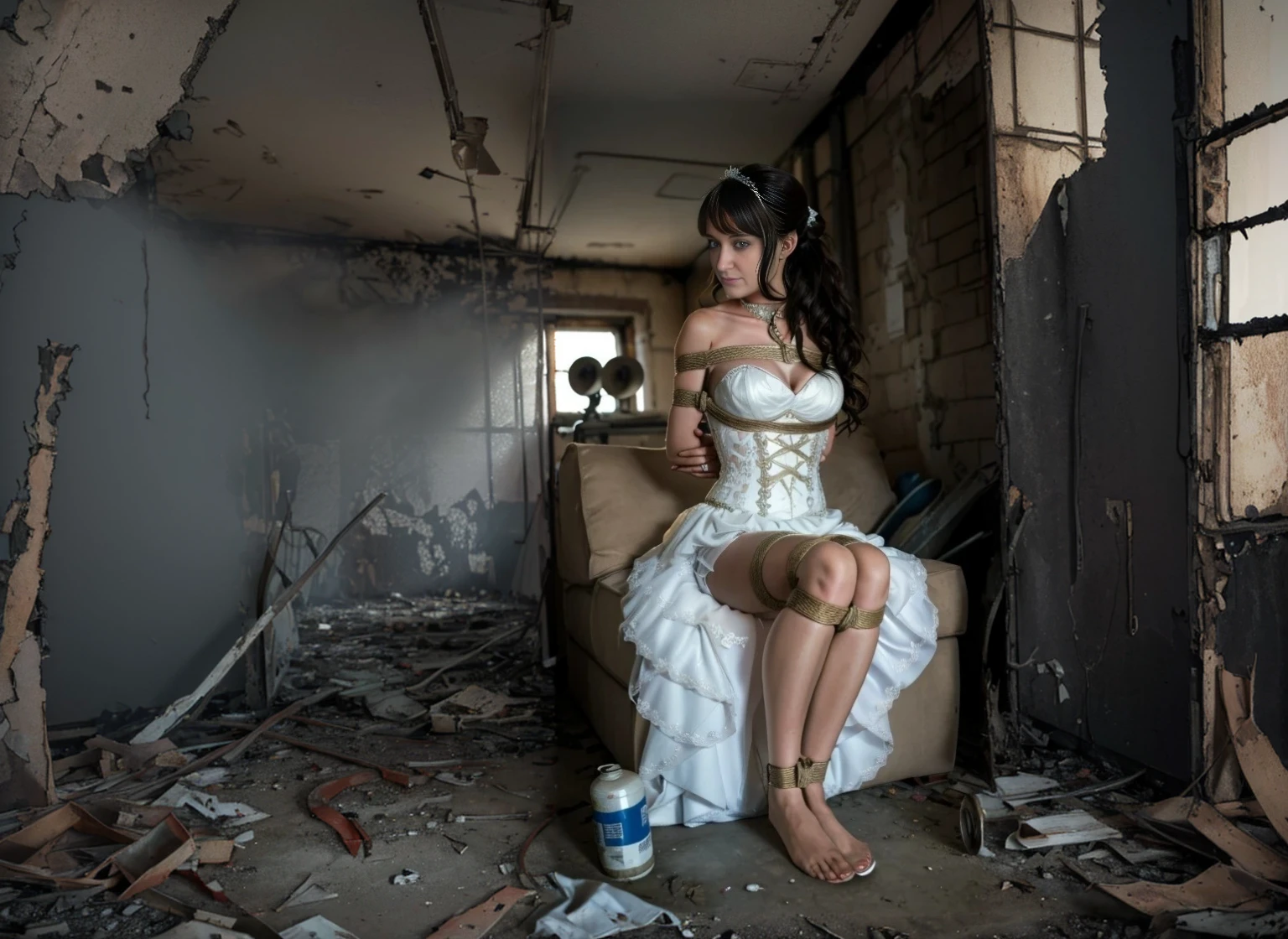 in an old abandoned derelict destroyed building on fire, fire everywhere, smoke everywhere