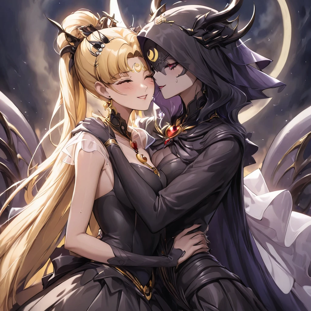 ((Highest quality)), ((masterpiece)), (detailed), (Perfect Face)、Woman is the Dark Bride、The man is a powerful demon king、Men and women in love、The woman is Black Serenity, the noble dark queen of the Black Moon clan and has blonde hair.2The woman with long hair tied up is Princess Serenity、The woman embraces the strong and evil demon king, kisses him, and gets married in the Black Moon Temple.、The woman has a black inverted crescent moon mark on her forehead, a gorgeous and glittering black gothic Victorian dress, a black veil and a black see-through cape, and is wearing luxurious jeweled accessories. She is the Queen of Darkness, the jet-black Princess Serenity, with a happy expression and the expression of a maiden in love.、A woman and a strong, evil demon king man are embracing the dark bride woman, kissing her vows and getting married.、The man is a strong and evil demon king, who embraces the woman, kisses her vows, and holds a wedding ceremony in the Temple of the Black Moon.、Men and women in love