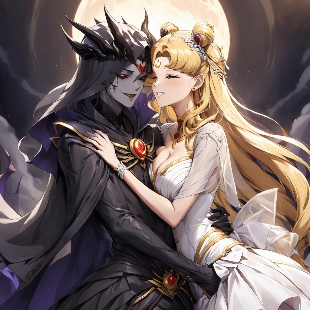 ((Highest quality)), ((masterpiece)), (detailed), (Perfect Face)、Woman is the Dark Bride、The man is a powerful demon king、Men and women in love、The woman is Black Serenity, the noble dark queen of the Black Moon clan and has blonde hair.2The woman with long hair tied up is Princess Serenity、The woman embraces the strong and evil demon king, kisses him, and gets married in the Black Moon Temple.、The woman has a black inverted crescent moon mark on her forehead, a gorgeous and glittering black gothic Victorian dress, a black veil and a black see-through cape, and is wearing luxurious jeweled accessories. She is the Queen of Darkness, the jet-black Princess Serenity, with a happy expression and the expression of a maiden in love.、A woman and a strong, evil demon king man are embracing the dark bride woman, kissing her vows and getting married.、The man is a strong and evil demon king, who embraces the woman, kisses her vows, and holds a wedding ceremony in the Temple of the Black Moon.、Men and women in love