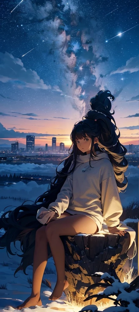 Octans, painted against a vast and expansive sky filled with twinkling stars, presents a serene night scenery. The solitary figure of a girl, sitting under a lone tree, gazes up at the star-studded sky above. Her long hair cascades down, blending with the shadowy silhouette of the cityscape in the background. The city, bathed in the soft glow of the milky way, stands as an contrast to the natural beauty of the night sky. The clouds drift lazily, adding a sense of tranquility to the scene. The scenery is captured in high resolution, the intricate details of the building, the cloud, and the girl'