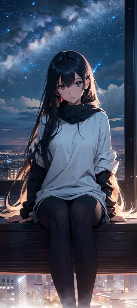 Octans, painted against a vast and expansive sky filled with twinkling stars, presents a serene night scenery. The solitary figure of a girl, sitting under a lone tree, gazes up at the star-studded sky above. Her long hair cascades down, blending with the shadowy silhouette of the cityscape in the background. The city, bathed in the soft glow of the milky way, stands as an contrast to the natural beauty of the night sky. The clouds drift lazily, adding a sense of tranquility to the scene. The scenery is captured in high resolution, the intricate details of the building, the cloud, and the girl'