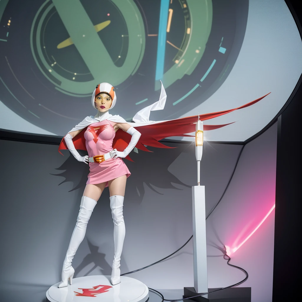 ANI_CLASSIC_jun_gatchaman_ownwaifu,1girl, ,good anatomy, masterpiece, best quality,realistic, hyperrealistic, 16k hdr,breasts,green eyes,lips,large breasts,lipstick,makeup,gloves,cape,helmet,belt,elbow gloves,white gloves,mask,ultra miniskirt,leotard,spacesuit,white tight overknee highheels boots,pink dress,superhero,bodysuit,cleavage,erected nipples,((stand poses,hands on hip)),cameltoe