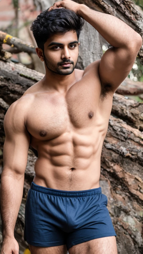 A base model of a handsome indian man , looking at the camera, sad expression, , t shirt, abbs , messy hair , detailed eyes, detailed face, detailed background, masterpiece , head to thighs on focus