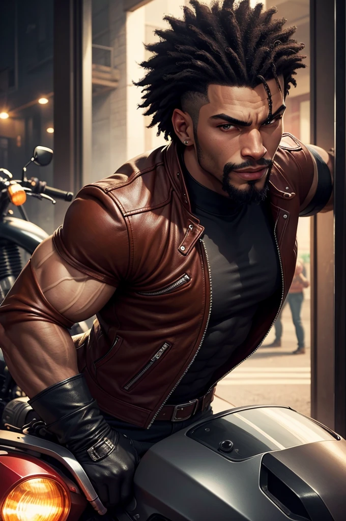 A muscular and sensual young wild and rebellious afro black werewolf, with bright red eyes, all bald and with a goatee wearing a leather biker jacket, stopped, with a big old giant classic super bike, through a small town in the interior of the country at night with a young beautiful blonde woman in sensual uniform standing next to him very well armed with a mischievous smile being tightly hugged from behind by him with the motorcycle in the background
