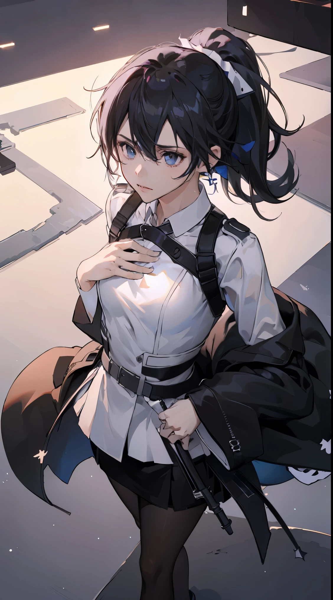1 girl! Ray Tracing, Best shadow, high resolution (Dim Lights) Detailed background (company) ，Long black hair, Busty girl, high ponytail in the ominous 客厅 avoiding golden eyes (girl in white shirt, Black hip skirt, With black transparent pantyhose), Show your slim figure and beautiful curves, Location is correct，Physical Reasonability! Stand solemnly, Facial details! Exquisite facial features, Pay attention to the details of the leg position! Pay attention to the details of the hands! high quality! More eligible! Reduce Errors! More beautiful paintings, Ultra-fine CG, And the picture is more reasonable! Pay attention to finger details! 8k wallpaper, masterpiece, Eye details! Reduce binocular disparity! Number of fingers!，Female Kirito，Occupation OL，Red high heels，OL outfit，Place one hand on your chest，The other one is placed on the waist