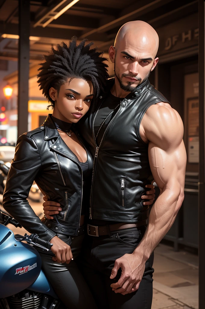 A muscular and sensual young wild and rebellious afro black werewolf, with bright red eyes, all bald and with a goatee wearing a leather biker jacket, stopped, with a big old giant classic super bike, through a small town in the interior of the country at night with a young beautiful blonde woman in sensual uniform standing next to him very well armed with a mischievous smile being tightly hugged from behind by him with the motorcycle in the background