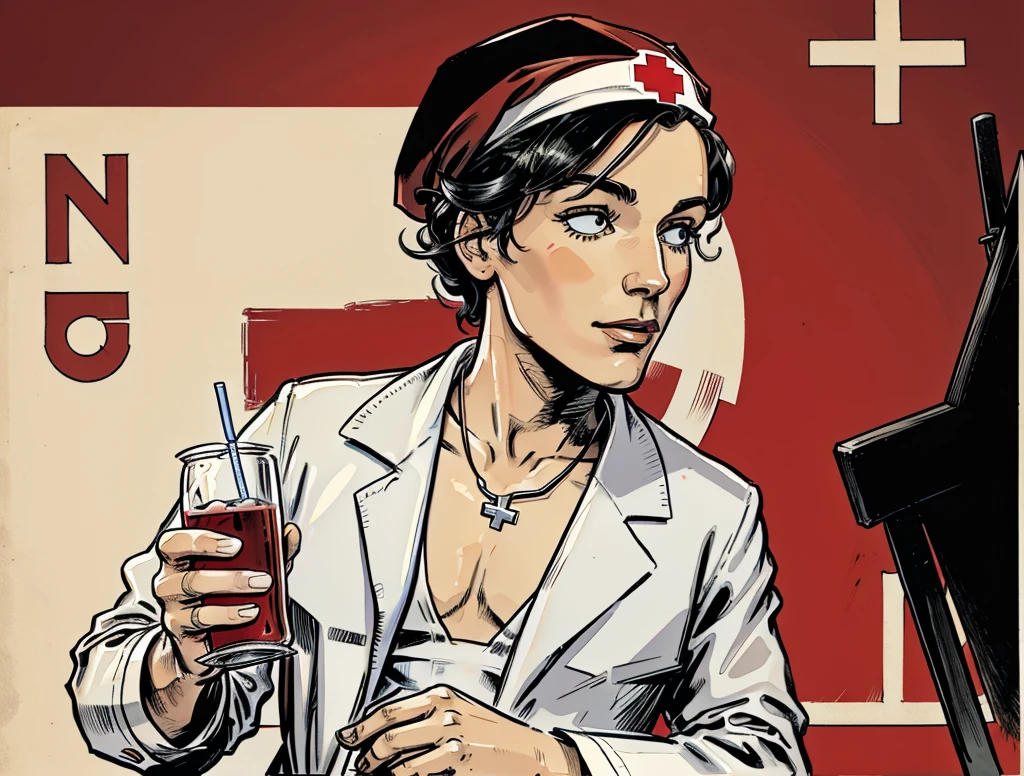 Comic art, cartoon.  (man)-drunkard and doctor. drunkard holding a bottle in his hand, dressed tainted dress, doctor holding a I.V. med transfusion system in his hand, wearing a white coat and a white medical cap with a red cross. parody of  sculpture "Worker and Collective Farm Woman" by Vera Mukhina.  Stylish pale abstract background. Masterpiece, detailed. 