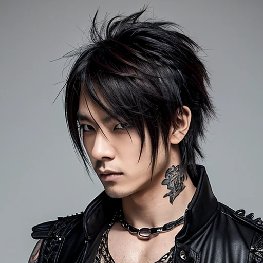 1 japanese male rocker, asien eyes, Visual Kai hairstyle, ultra detailed face and body, hyperrealistic, realistic representation, muscular, broad shoulders, tattoos gothic style, piercings, Visual Kei style, hairstyle Visual Kei, blond, 40 years old, 0 outfit gothic streampunk, men's shirt and black pants, Asian eyes, eyes Asian, long hair, long hair