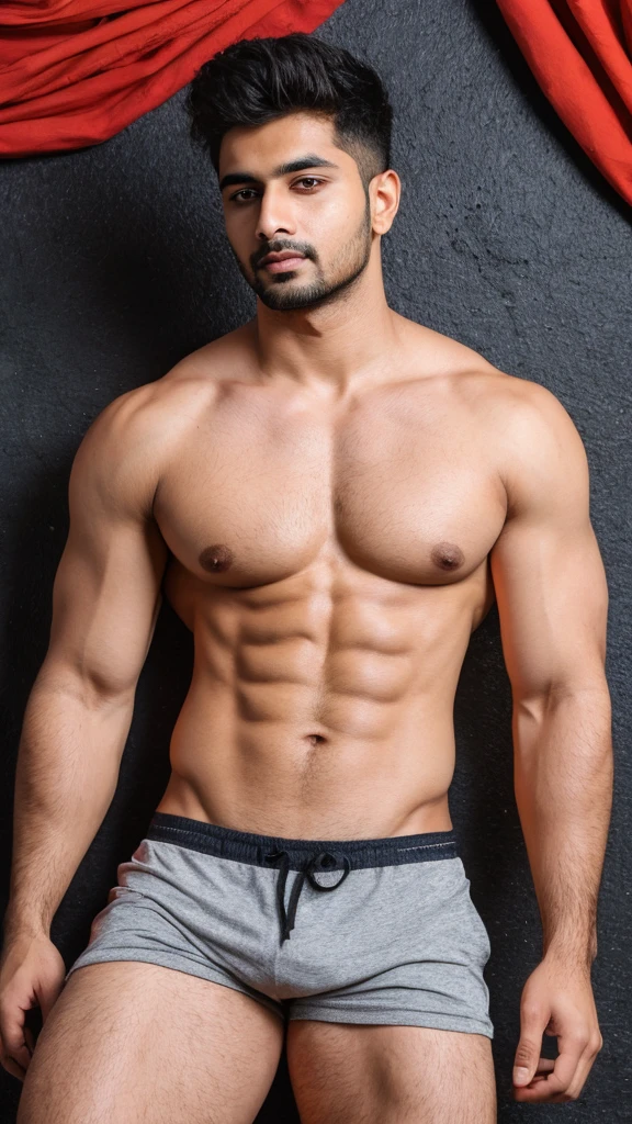 A base model of a handsome indian man , looking at the camera, sad expression, , t shirt, abbs , messy hair , detailed eyes, detailed face, detailed background, masterpiece , head to thighs on focus