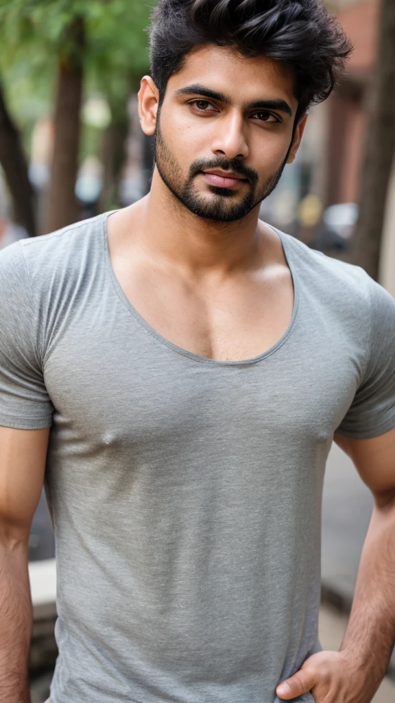 A base model of a handsome indian man , looking at the camera, sad expression, , t shirt, abbs , messy hair , detailed eyes, detailed face, detailed background, masterpiece , head to thighs on focus