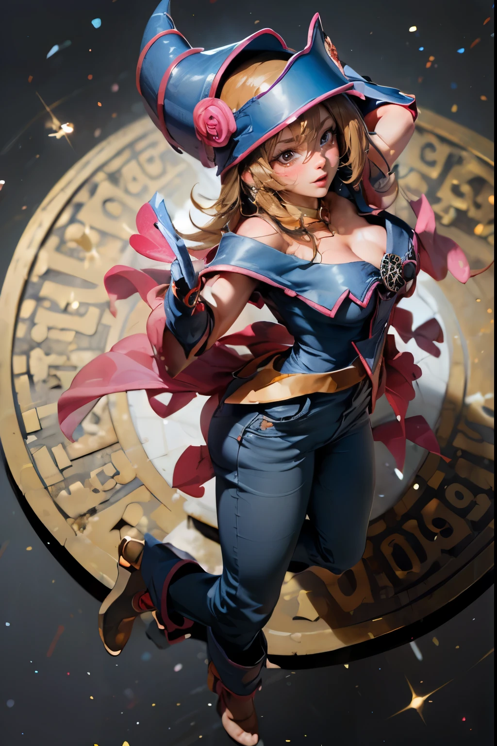 (Masterpiece:1.2), (The best quality:1.2), perfect lighting, Dark Magician Girl casting a spell, in battle. floating in the air, big and visible tits, wear jeans and heels. transparent neckline, blue robe, big hat, From above, sparkles, Yugioh game, The magic of the heart, romantic heart.