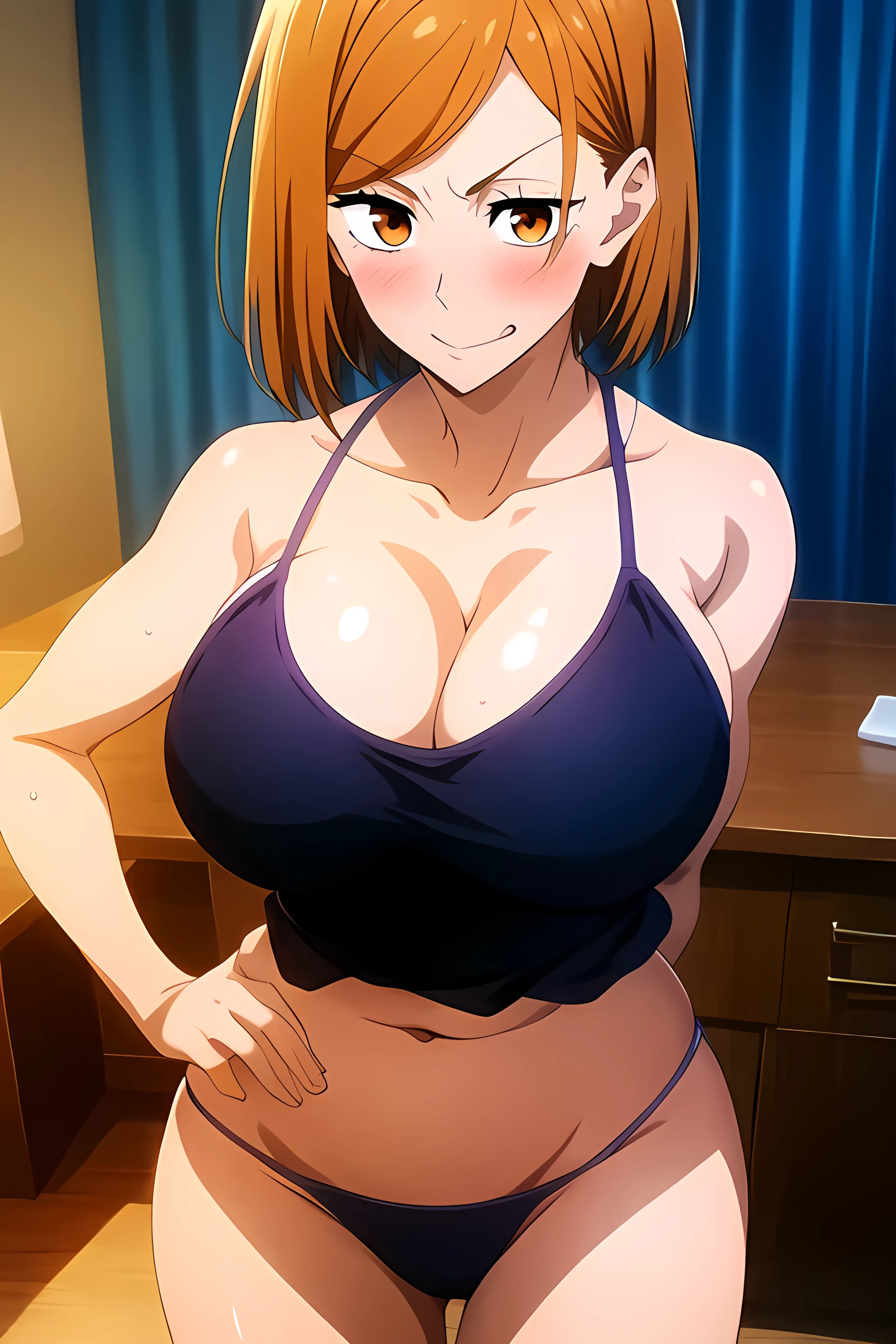 (masterpiece, best quality:1.2), high quality, 1girl, female solo, orange eyes, short hair, 160 cm, ginger hair, big breast, bright breasts, shining breasts, looking at viewer, standing, wear camisole, black camisole