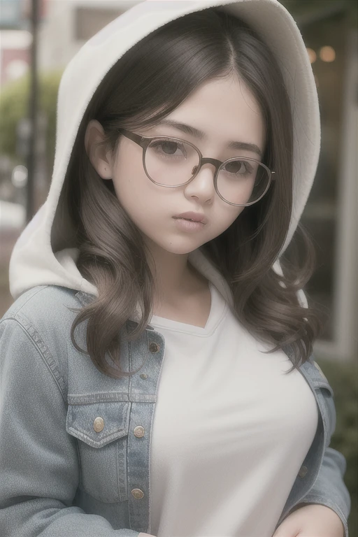 Best quality, masterpiece, (realistic:1.2), 1 charming chubby teenage girl with aesthetically small breasts, Lush brown wavy hair, Brown eyes, White T-shirt, denim jacket with hood, Front, Detailed, handsome face, Beautiful eyes, Long eyelashes, glasses with lenses, Plump lips