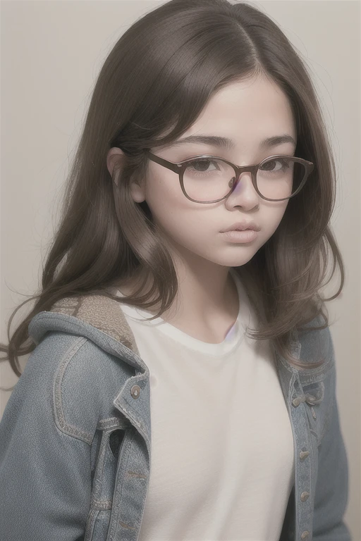 Best quality, masterpiece,  (realistic:1.2), 1 charming chubby teenage girl with aesthetically small breasts, Lush brown wavy hair, Brown eyes, White T-shirt, denim jacket with hood, Front, Detailed, handsome face, Beautiful eyes, Long eyelashes, glasses with lenses, Plump lips 