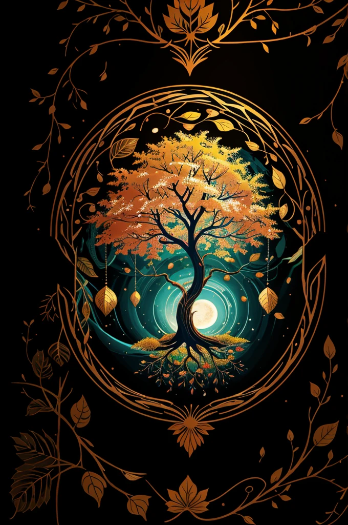 circular tree,four seasons,spring,summer,autumn,winter,leaves,roots,branches,trunk,ornate border,decorative,digital illustration,artwork,movement,time,swirling background,dark background,vibrant colors,natural,life cycle,growth,change,nature,life,peace,harmony,spirituality,symbolism,digital art,illustration,painting,graphic design,art,design,digital media,online art,visual art,fine art,fantasy