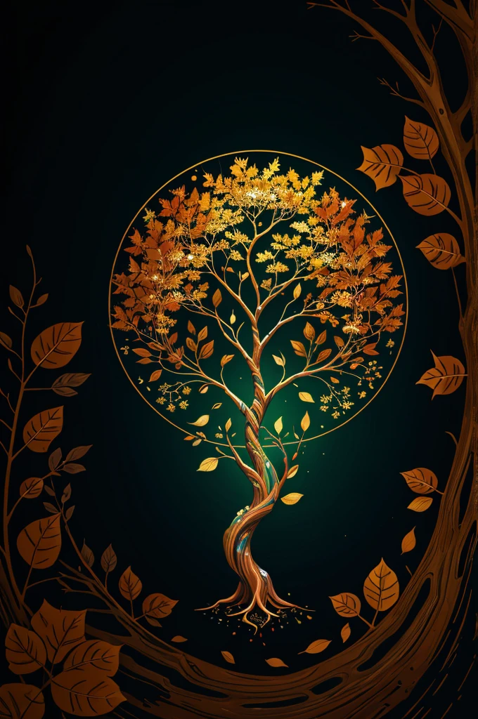 circular tree,four seasons,spring,summer,autumn,winter,leaves,roots,branches,trunk,ornate border,decorative,digital illustration,artwork,movement,time,swirling background,dark background,vibrant colors,natural,life cycle,growth,change,nature,life,peace,harmony,spirituality,symbolism,digital art,illustration,painting,graphic design,art,design,digital media,online art,visual art,fine art,fantasy