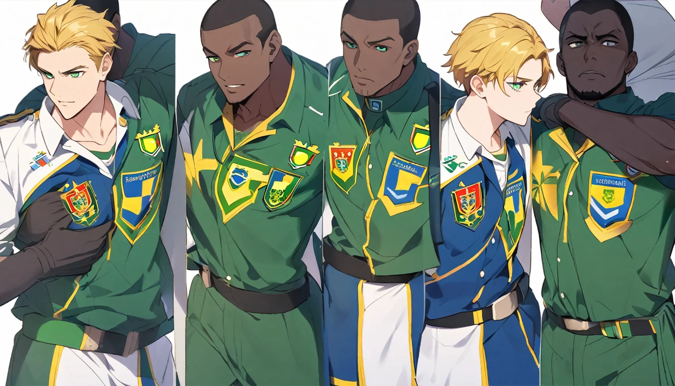 Black man with golden hair, dark green eyes, green and blue uniform and also dark blue. In the middle of the chest, the Brazilian emblem.