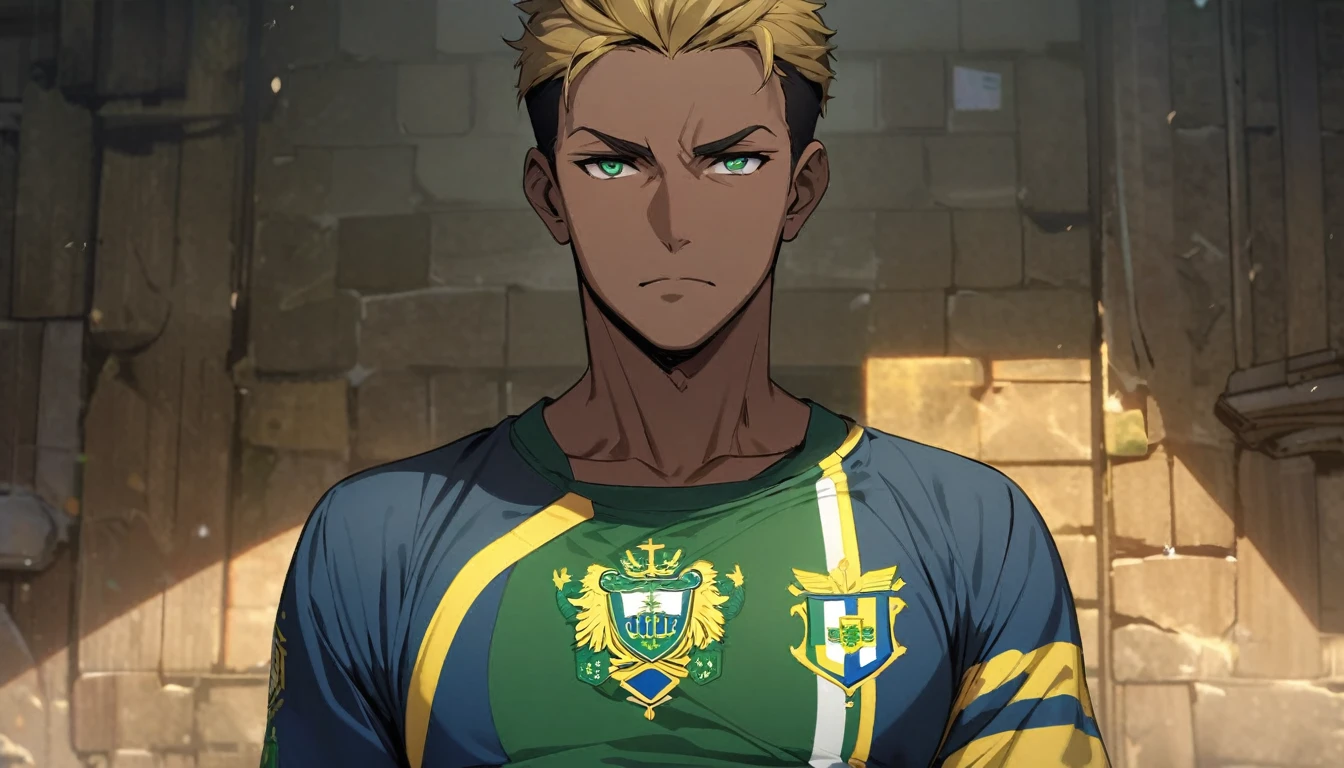 Black man with golden hair, dark green eyes, green and blue uniform and also dark blue. In the middle of the chest, the Brazilian emblem.