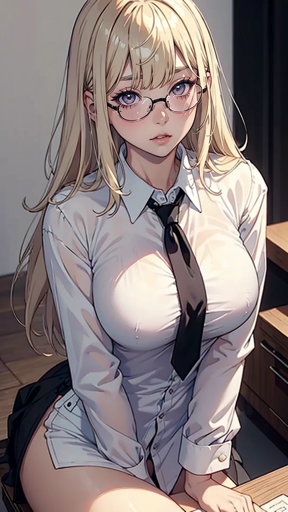 1 girl, solo, light blonde hair, black eyes, white shirt, pastel colors, big breast, lipgloss, big round glasses, korean, straight bangs, pink cheeks, sexy, professional, smart, black tie, elegant, hot, sultry, fuck