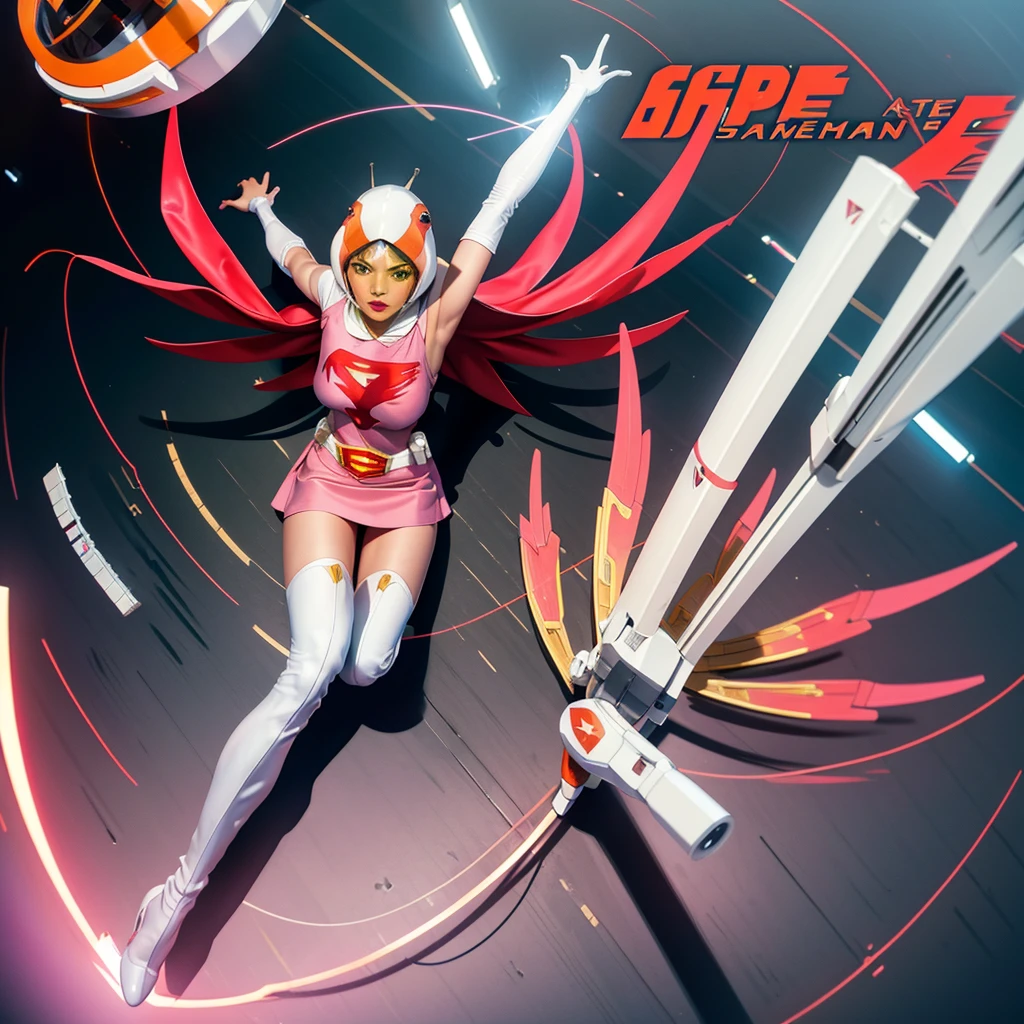ANI_CLASSIC_jun_gatchaman_ownwaifu,1girl, ,good anatomy, masterpiece, best quality,realistic, hyperrealistic, 16k hdr, long hair,breasts,green eyes,lips,large breasts,lipstick,makeup,gloves,cape,helmet,belt,elbow gloves,white gloves,mask,ultra miniskirt,leotard,spacesuit,white tight overknee highheels boots,pink dress,superhero,bodysuit,cleavage,erected nipples,(sexy pose,view from above),(spread legs:1.1),cameltoe