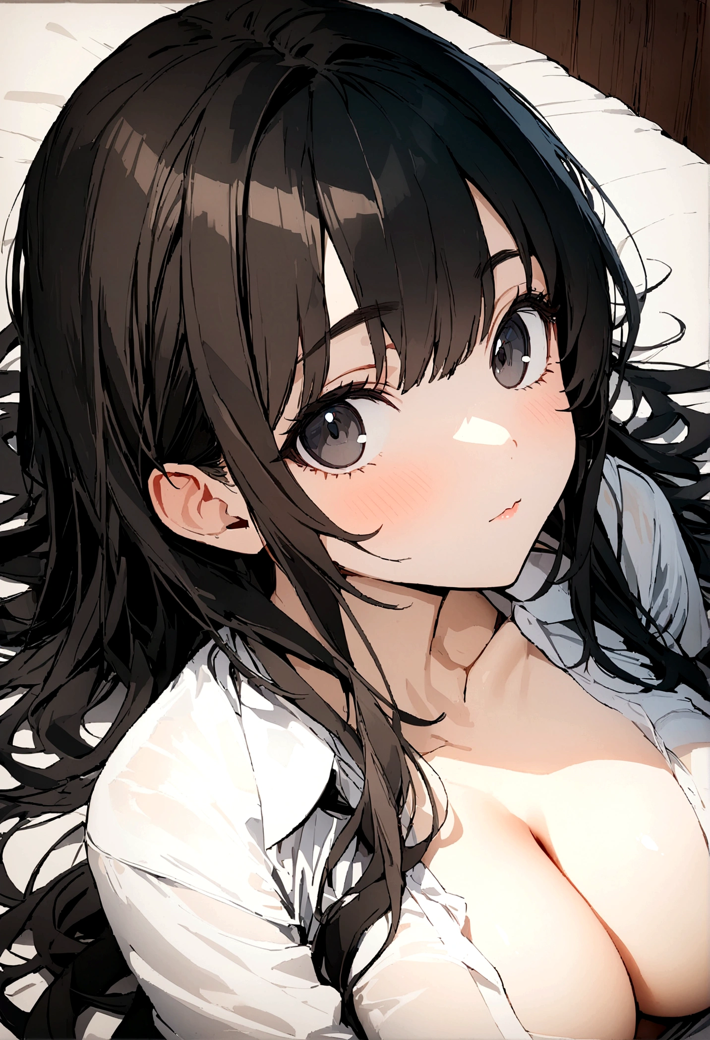 One girl, laying down on bed, cleavage through her shirt, 22 years old, cute black eyes, cat eyeliner applied, black long hair, looking at viewer, top angle, 8K, masterpiece,