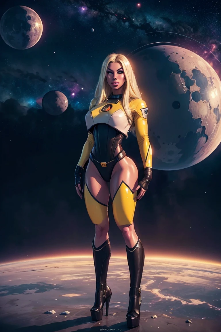 (young woman, 19 years old, blond hair, photorealistic, pale skin), (yellow (eyes:1.2)), (sexy build:1.3), (fantasy space suit), beautiful face, symmetrical face, Greg Rutkowski, wlop and Sam Kuvshinov, (long hair), blond eyelashes, large iris, large pupil, full body, standing on the background of the cosmodrome, artstation, 8k, science fiction, pastel colors, props, panel, concept, futuristic, gribble, simon stalenhag, space, in outer space, a spaceship in the sky, technological blocks