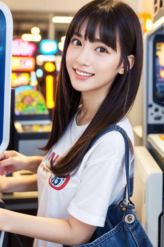 Game center, professional gamer, ((full body)), ((photo)), ((best qualtiy, 8K, tmasterpiece: 1.3)), Focus: 1.2, perfect figure beautiful girl: 1.4, 1girl, cowboy shot, look at viewer, eyes facing the camera, incredibly absurd, beautiful and cute girl with a photorealistic face, showcasing top-quality craftsmanship, A Japanese girl playing games at an arcade, 17 years old, with a bob cut, silky black hair, bangs cut at an angle to reveal her right eye, large eyes, a soft smile, tanned skin, thin and well-formed eyebrows, straight nose with a rounded tip, thin lips but a healthy, natural pink colour, small ears with pierced ears, a slender neck with a sharp jawline, a small face with well-formed facial features, fair, fine, translucent skin, long eyelashes that make the eye makeup stand out, eyes that are powerful but also kind, Well-aligned, white teeth, healthy, shiny skin and hair, friendly expression, , slender, well-balanced proportions, good posture, beautiful C-cup breasts, white character T-shirt, blue denim jacket, yellow shorts, white sneakers, silver earrings, tote bag with game character illustration printed on it, beautiful girl, moe, devilish type, sociable and easy to talk to, values ​​teamwork, curious and adventurous, has a sense of humor, July