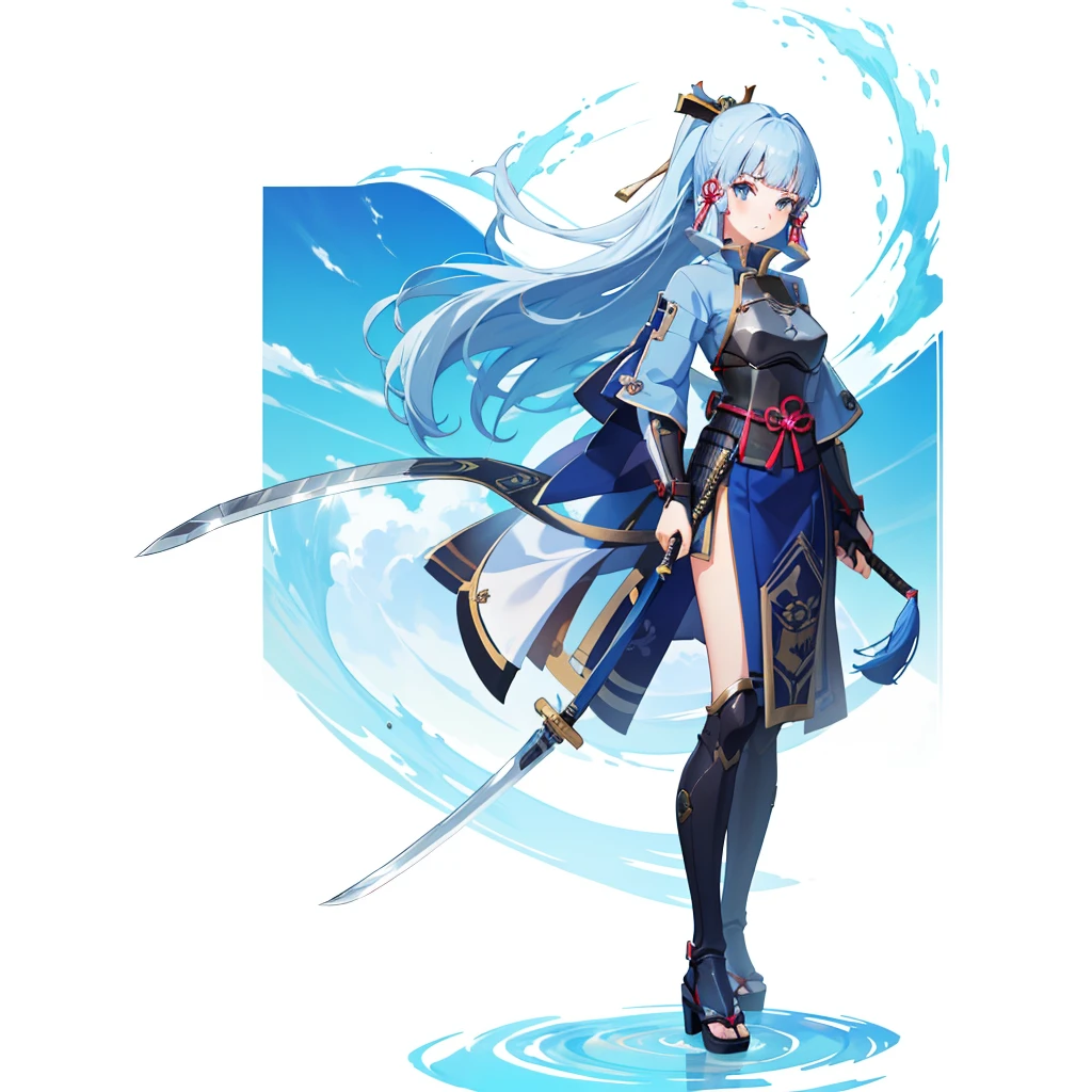 View the viewer, 1 Girl,  Highest quality, Blue Hair, blue eyes, Japanese style armor, Sword in hand, electricity, kamisato ayaka, whole body, blush, Serious face、Very detailed、high resolution、High resolution、Written boundary depth,White Background,A sword as big as your body