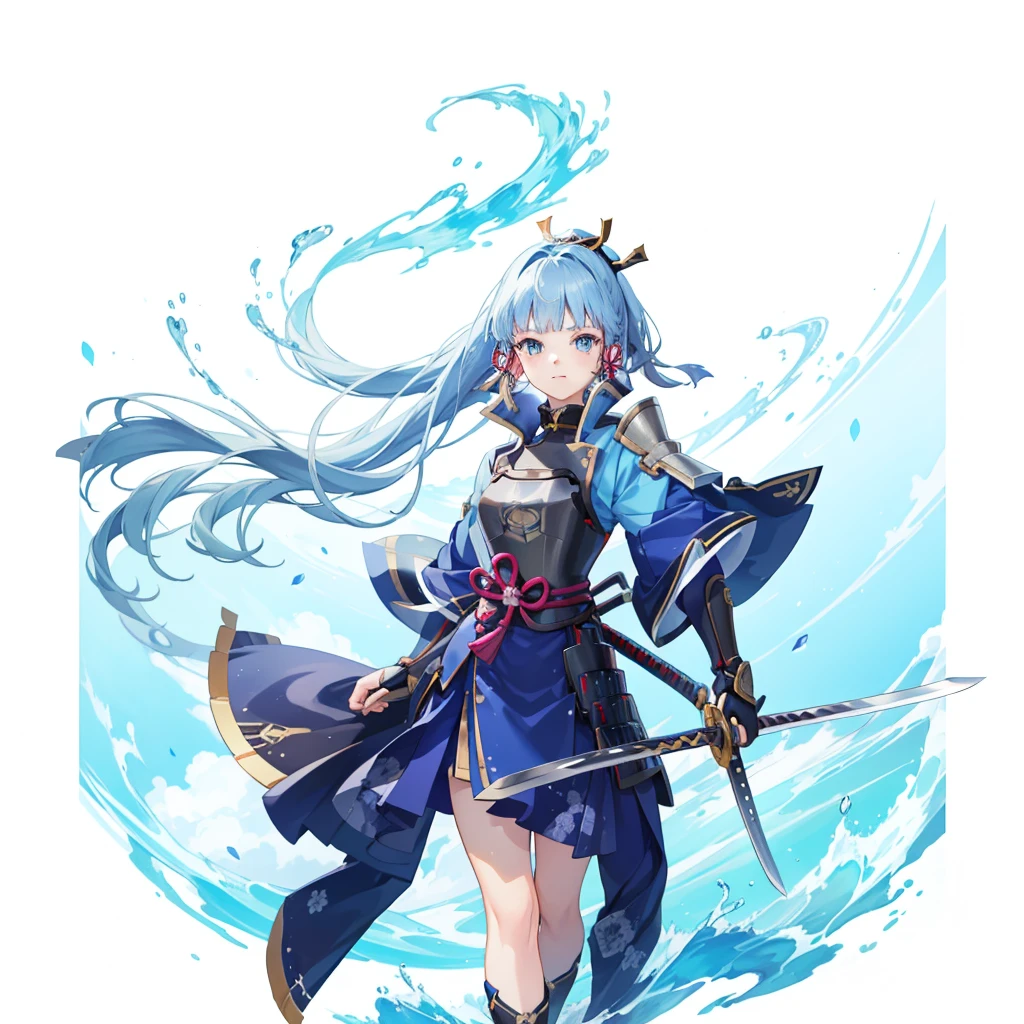 View the viewer, 1 Girl,  Highest quality, Blue Hair, blue eyes, Japanese style armor, Sword in hand, electricity, kamisato ayaka, whole body, blush, Serious face、Very detailed、high resolution、High resolution、Written boundary depth,White Background,A sword as big as your body