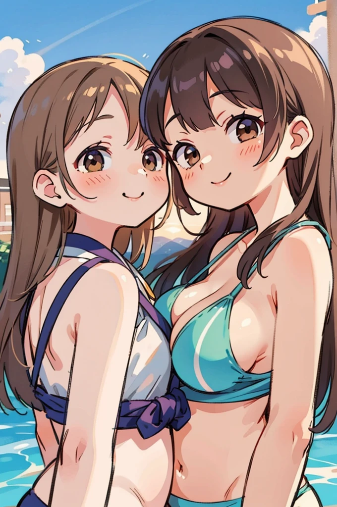 close up, From below, top quality, masterpiece, 16 K, High resolution, close up, 2 girls in, blush, beautiful hair of light brown color, beautiful brown eyes, swim wears, plump breasts, Japanese idol, Smile, Sunset Classroom, They are hugging each other,slender body,胸を押し付ける